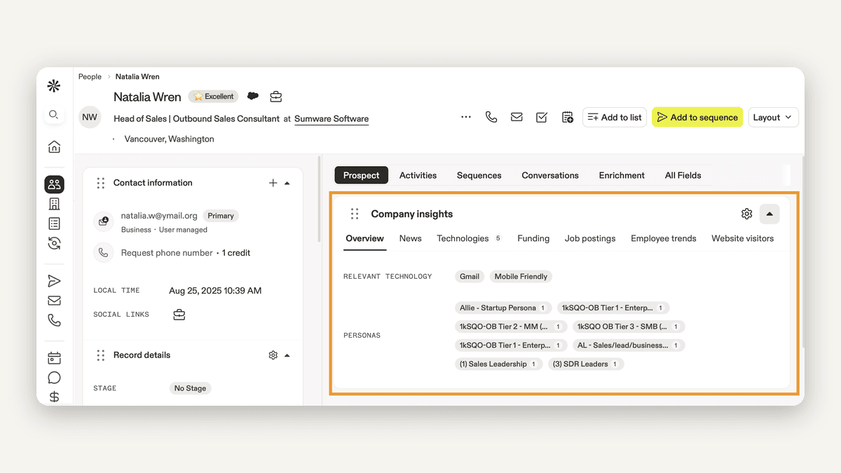 Apollo.io People search filtered by job title, industry, company size and location