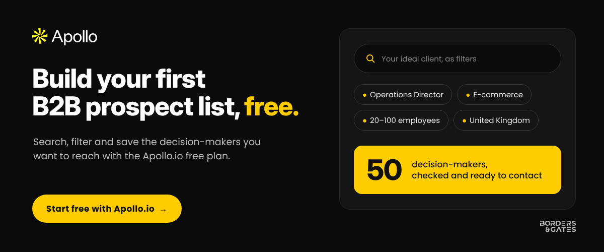 Apollo io free plan banner · Borders & Gates